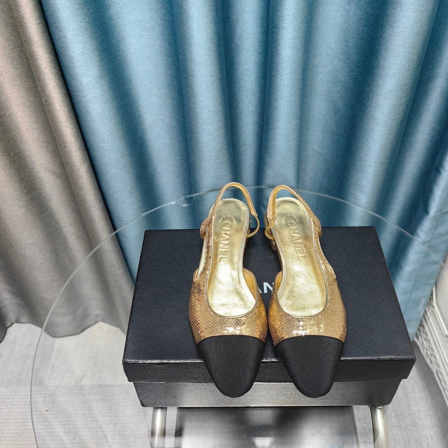 SLINGBACKS IN GLITTER GOLDEN LAMBSKIN - 34