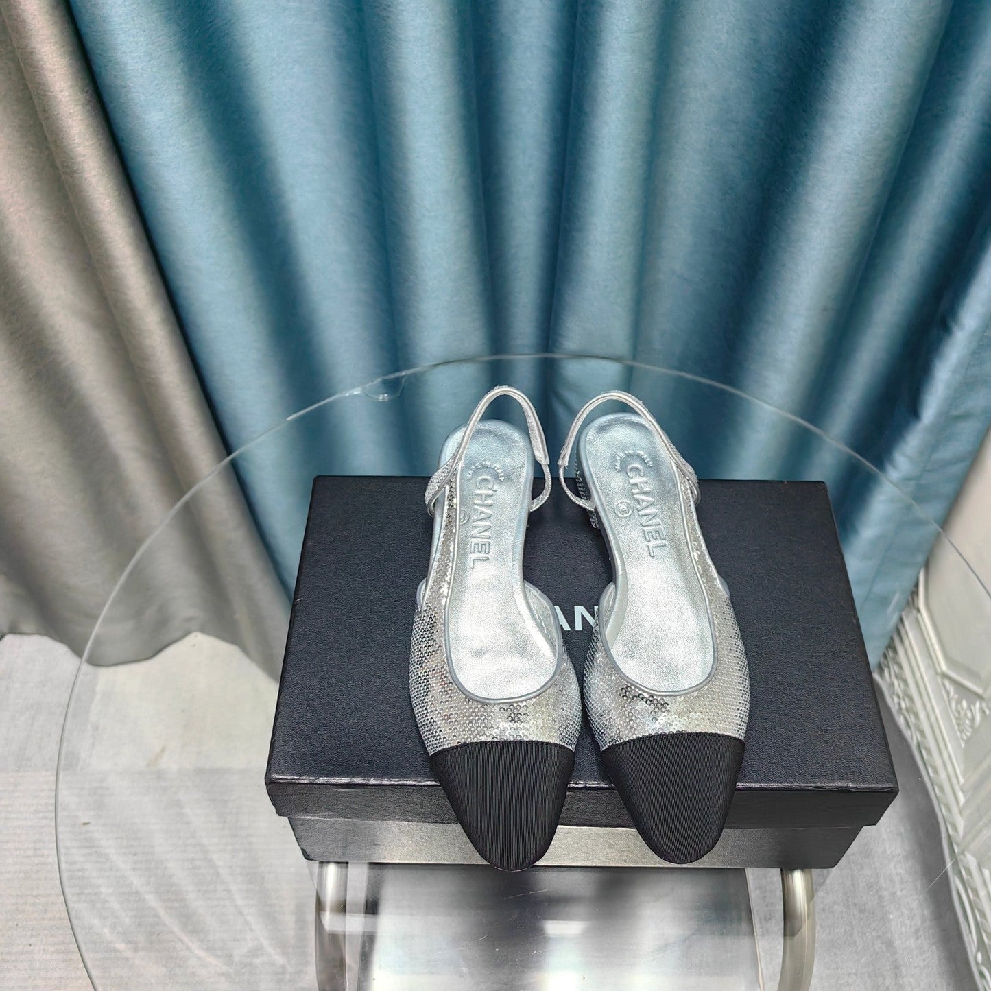 SLINGBACKS IN GLITTER SILVER LAMBSKIN - 34