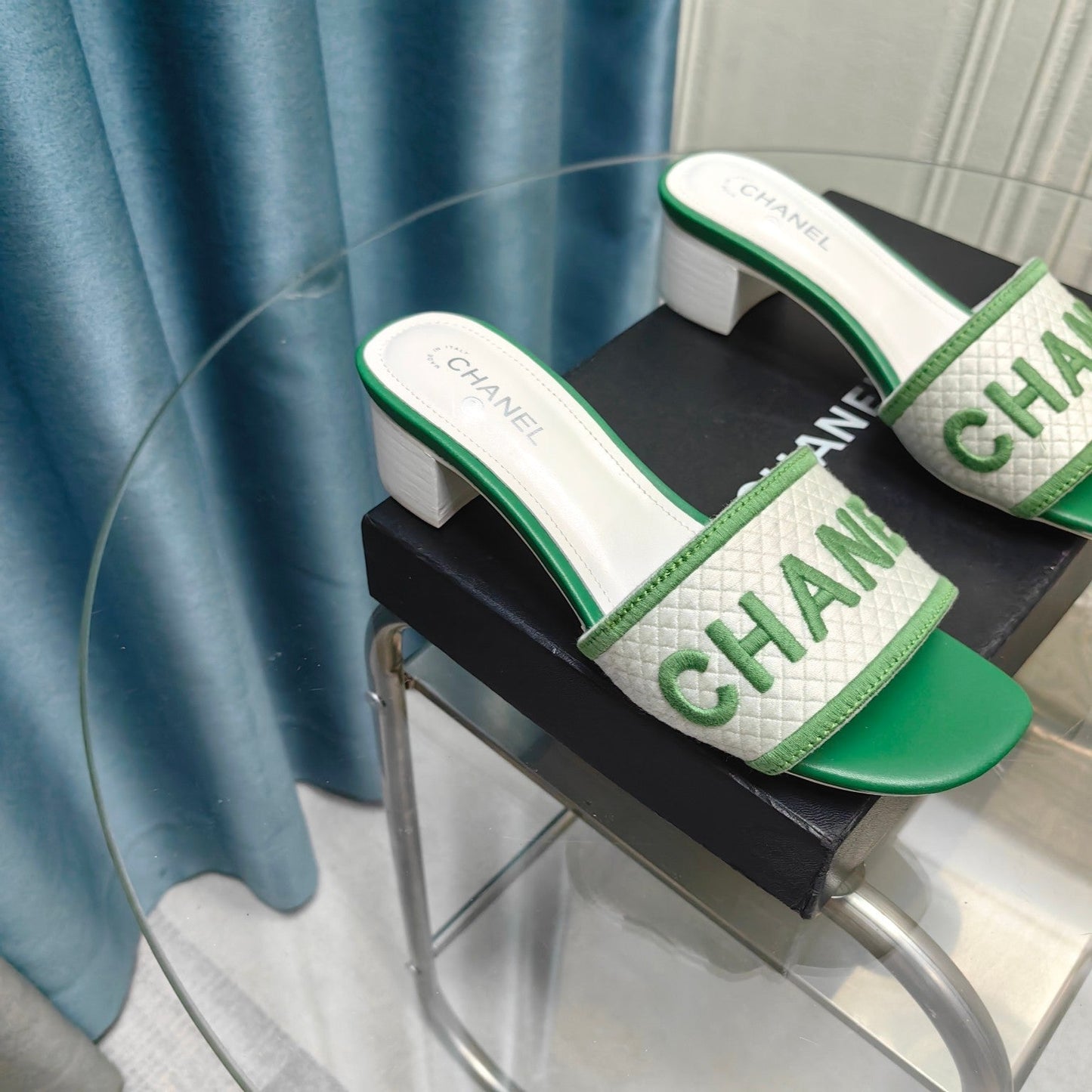 MULE SANDAL 45 WHITE MIX LIGHT GREEN FABRIC EMBROIDERY - 35