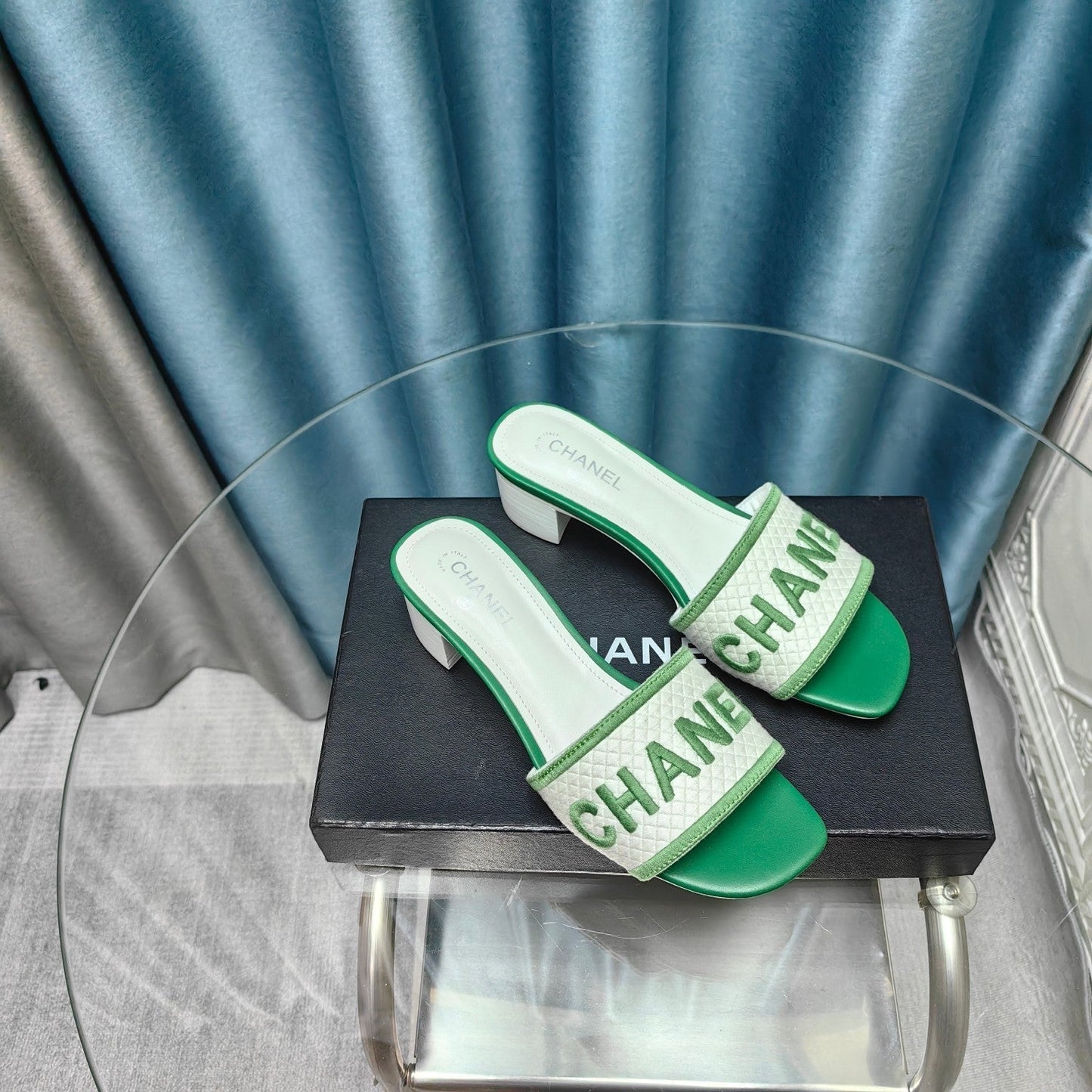 MULE SANDAL 45 WHITE MIX LIGHT GREEN FABRIC EMBROIDERY - 35
