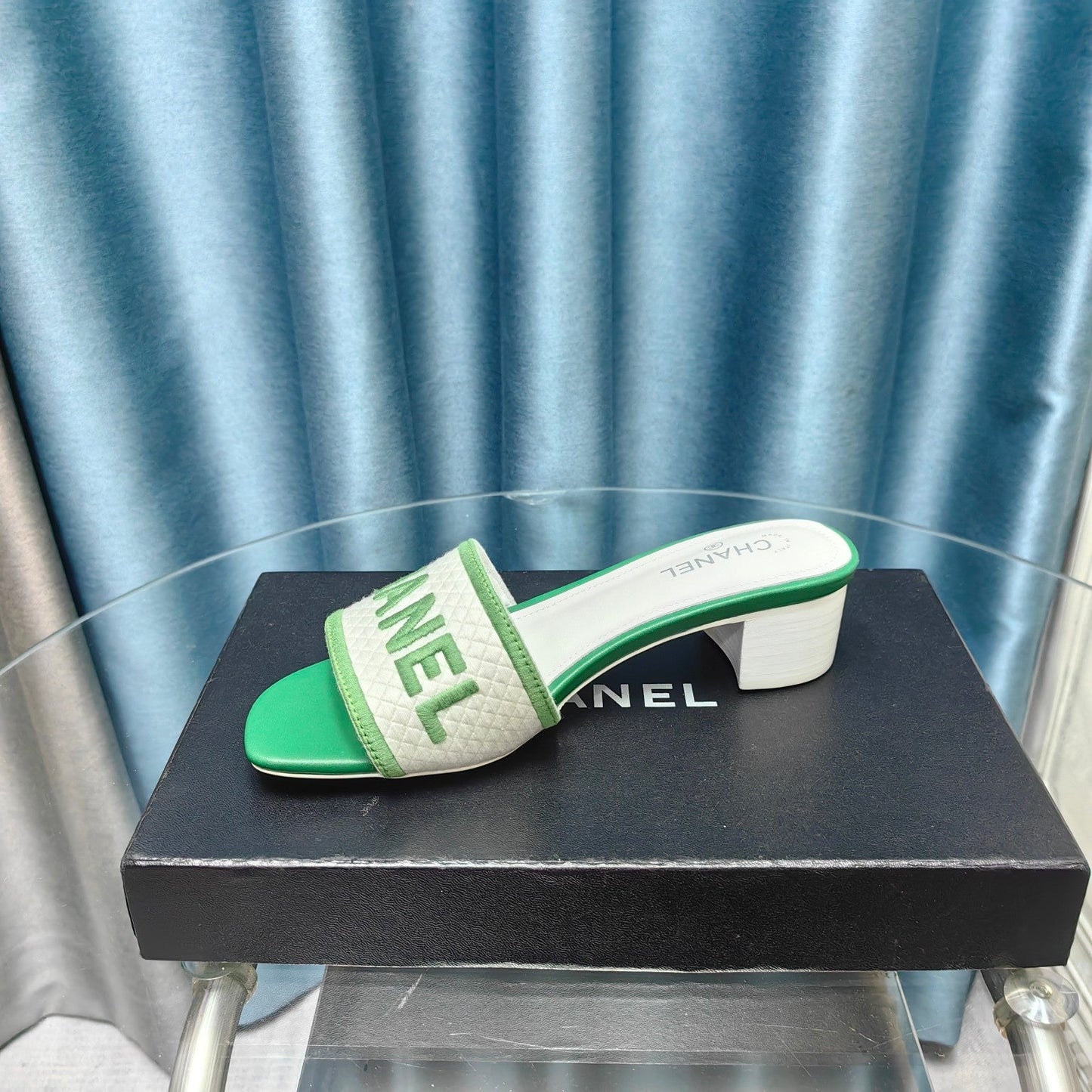 MULE SANDAL 45 WHITE MIX LIGHT GREEN FABRIC EMBROIDERY - 35