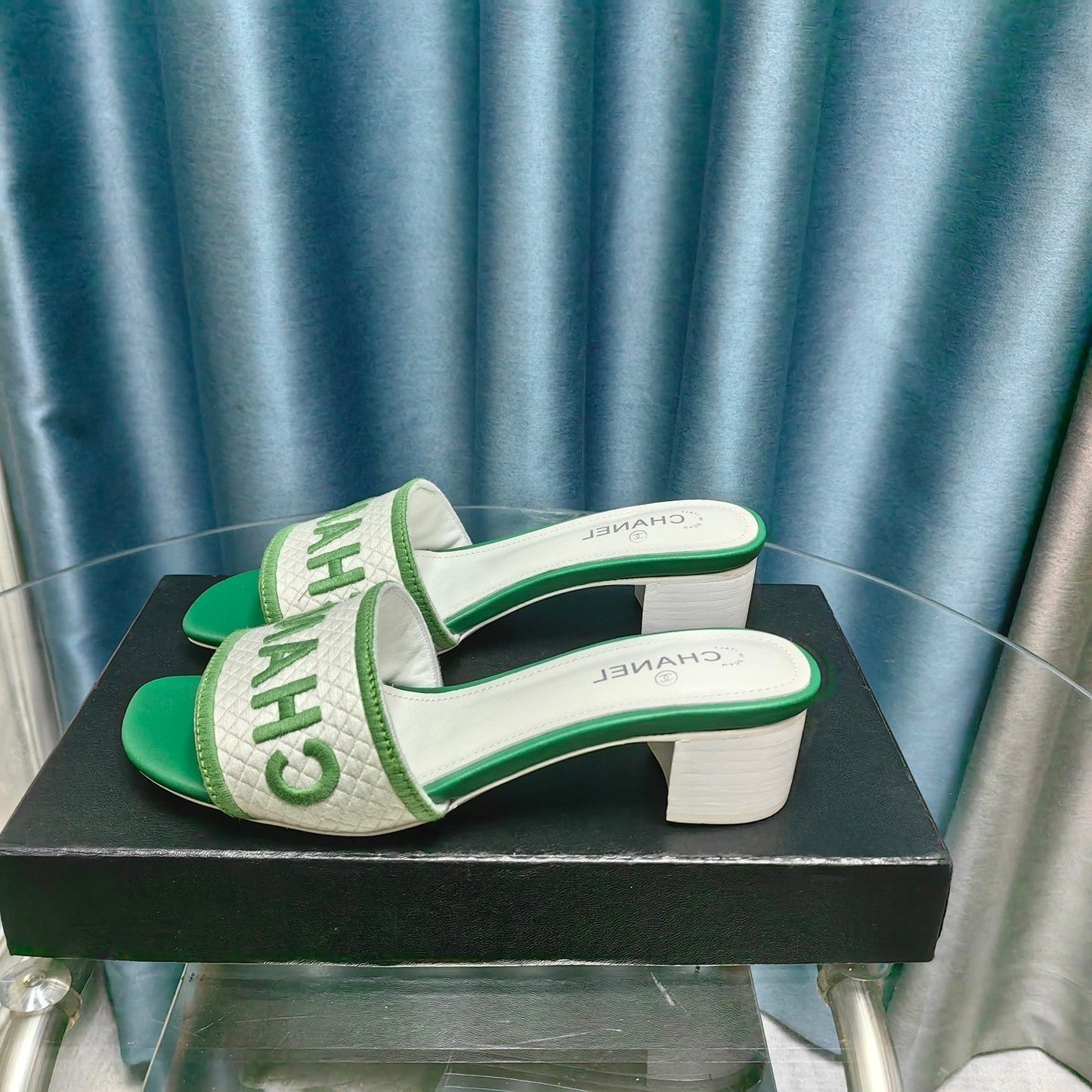 MULE SANDAL 45 WHITE MIX LIGHT GREEN FABRIC EMBROIDERY - 35