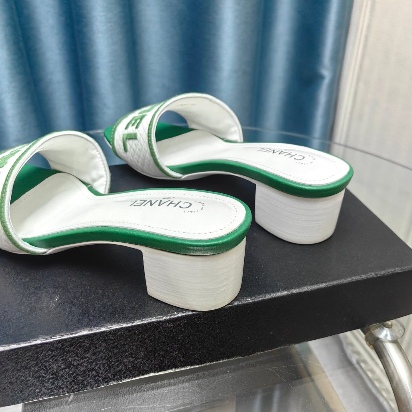 MULE SANDAL 45 WHITE MIX LIGHT GREEN FABRIC EMBROIDERY - 35
