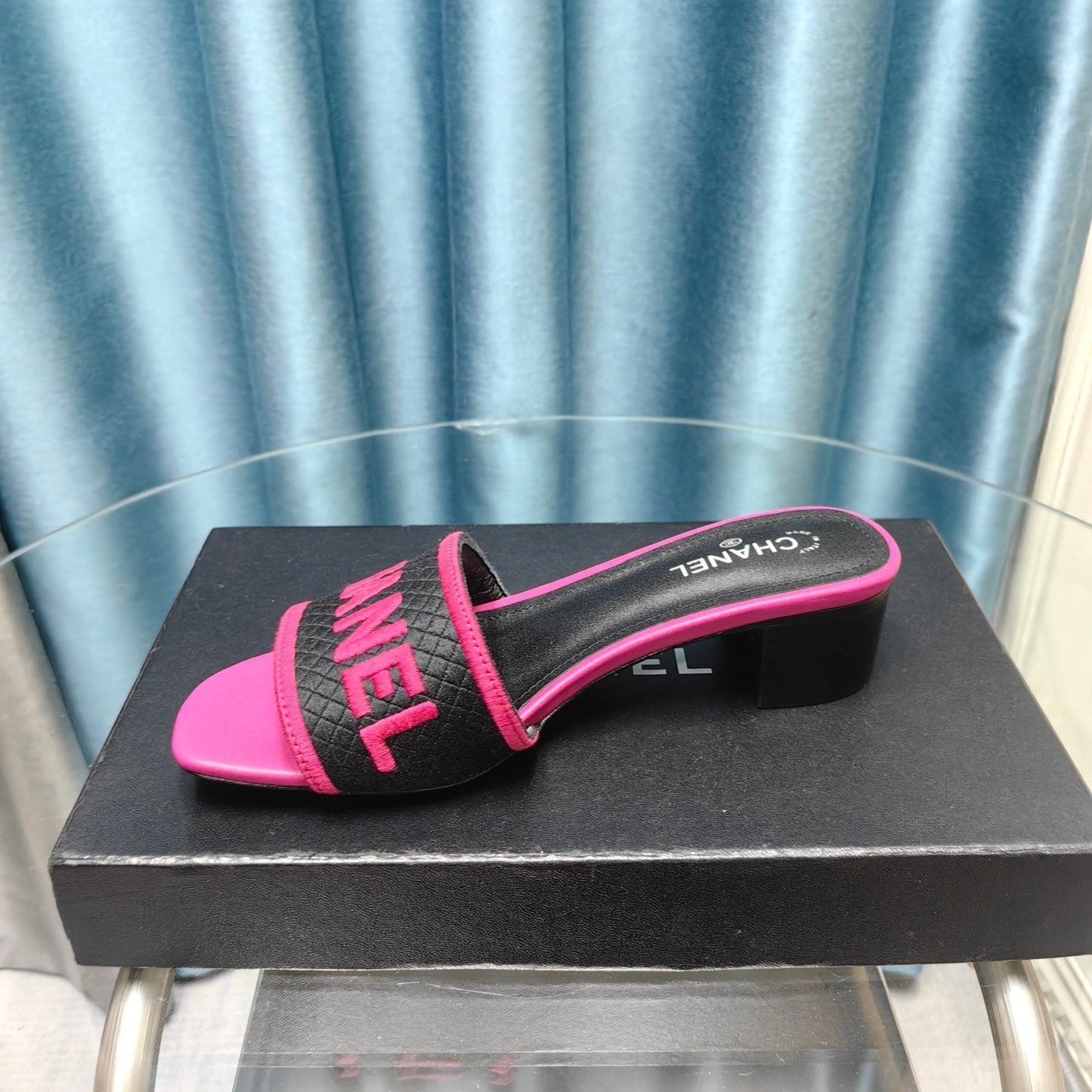 MULE SANDAL 45 BLACK PINK FABRIC EMBROIDERY - 35