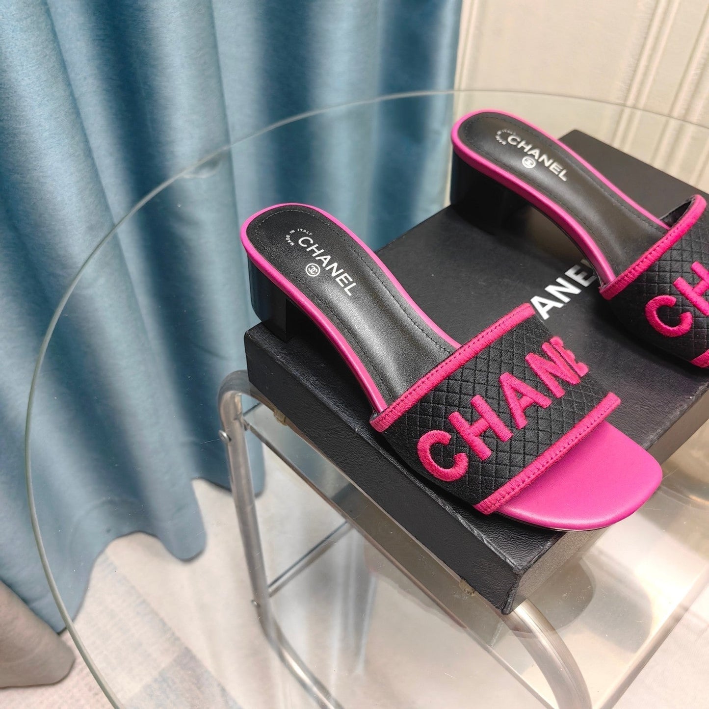 MULE SANDAL 45 BLACK PINK FABRIC EMBROIDERY - 35