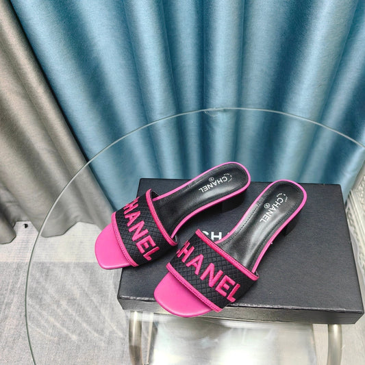 MULE SANDAL 45 BLACK PINK FABRIC EMBROIDERY - 35
