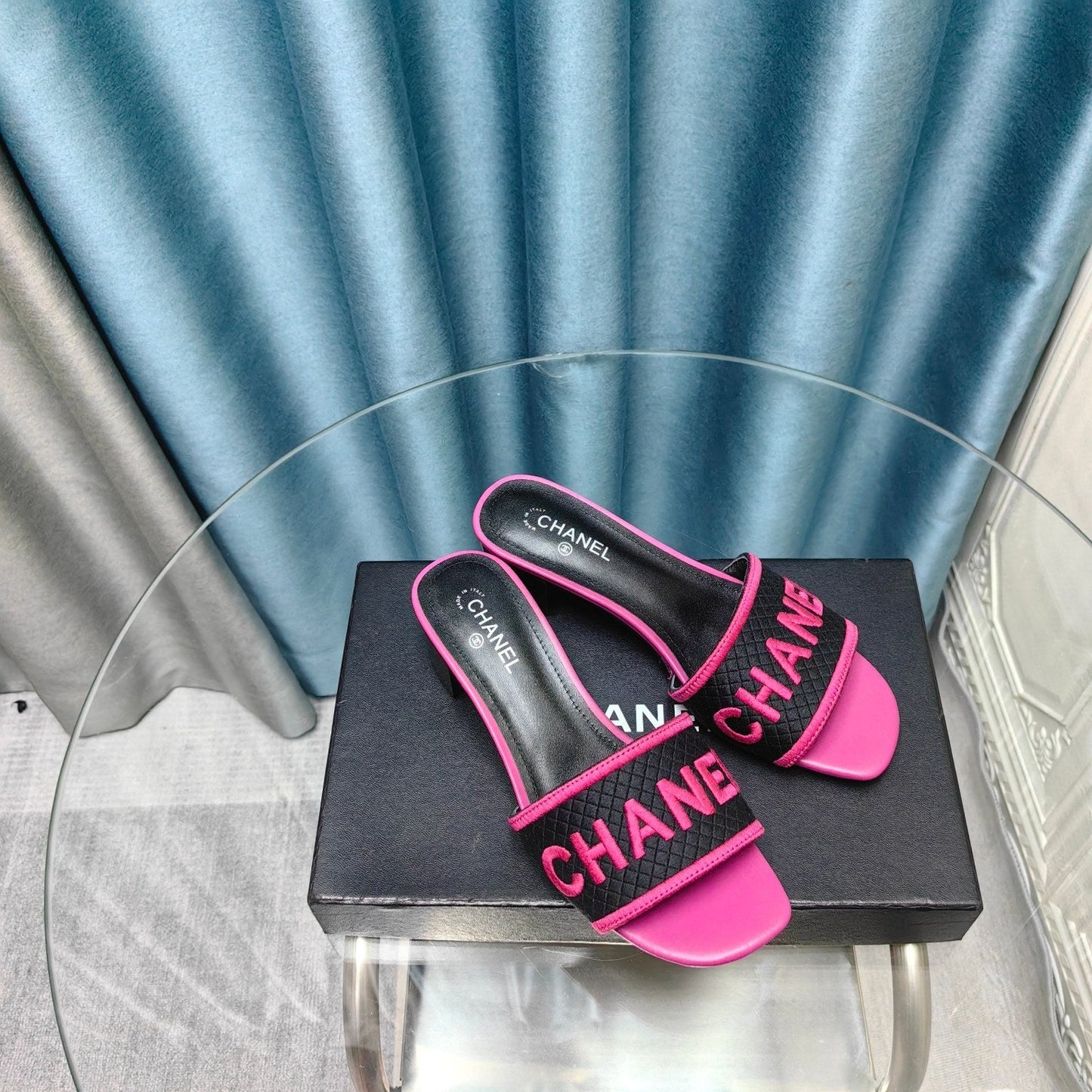 MULE SANDAL 45 BLACK PINK FABRIC EMBROIDERY - 35