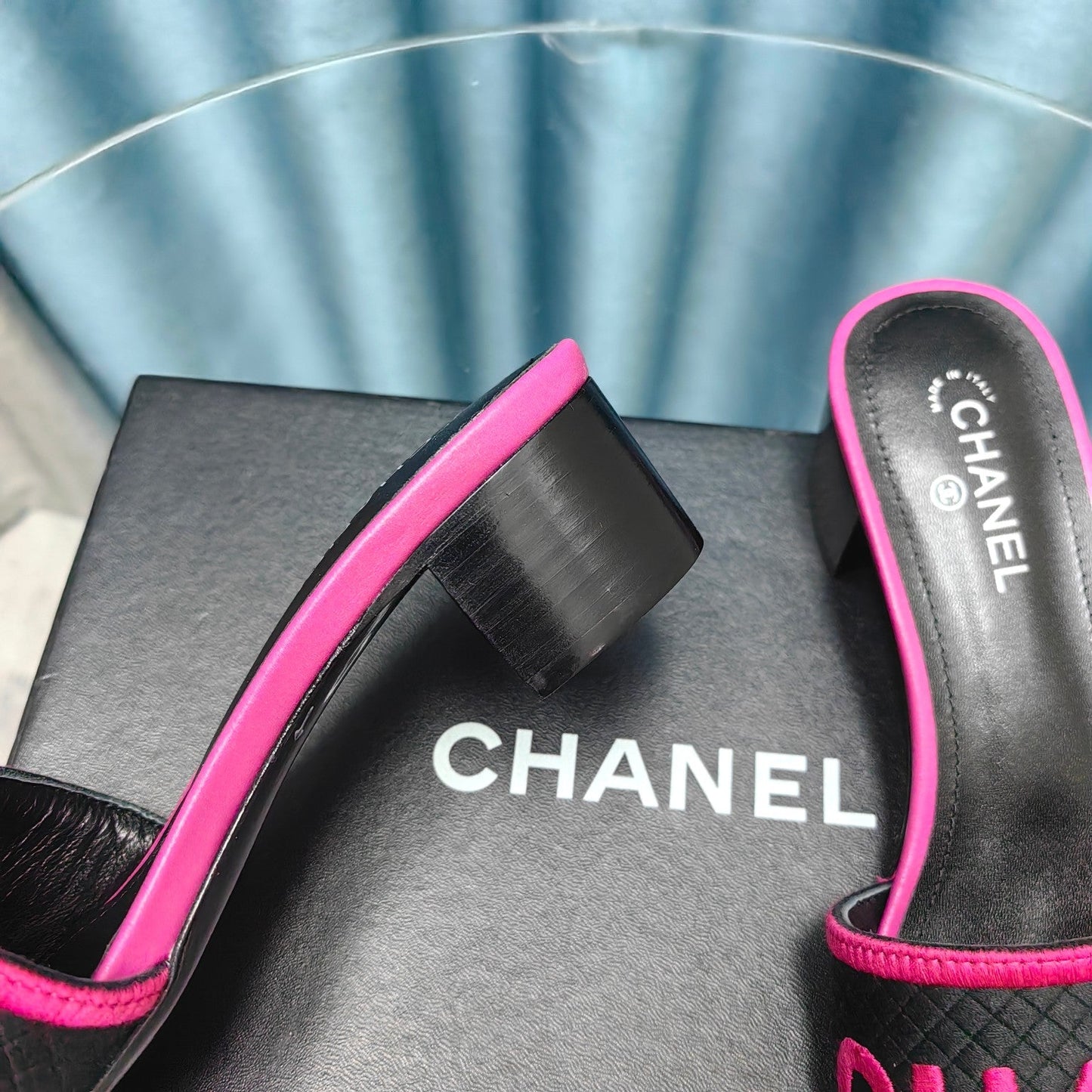 MULE SANDAL 45 BLACK PINK FABRIC EMBROIDERY - 35