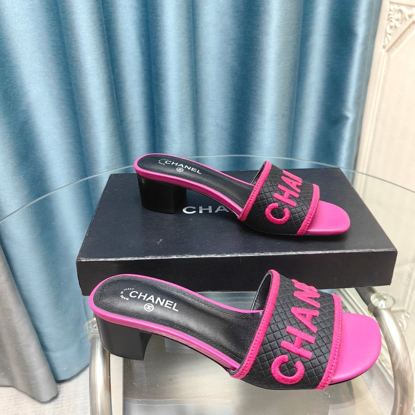 MULE SANDAL 45 BLACK PINK FABRIC EMBROIDERY - 35