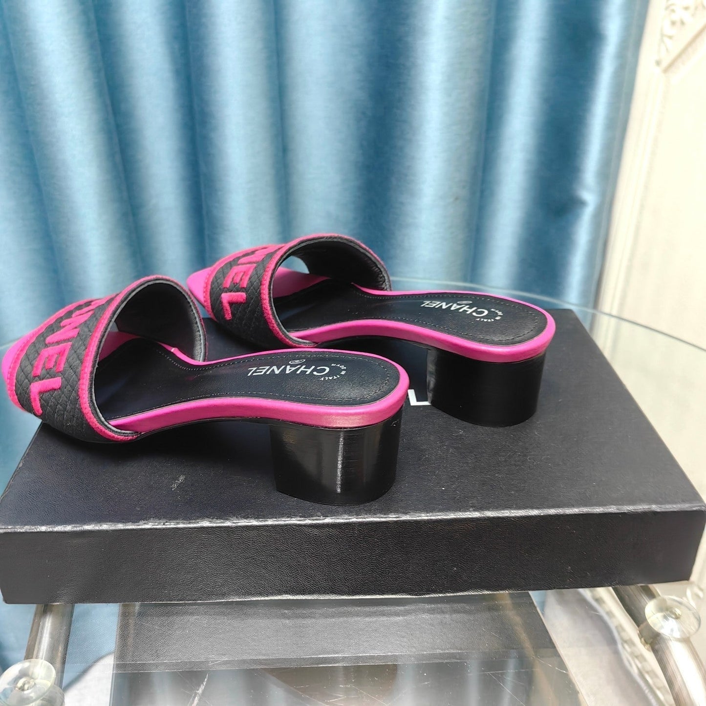 MULE SANDAL 45 BLACK PINK FABRIC EMBROIDERY - 35