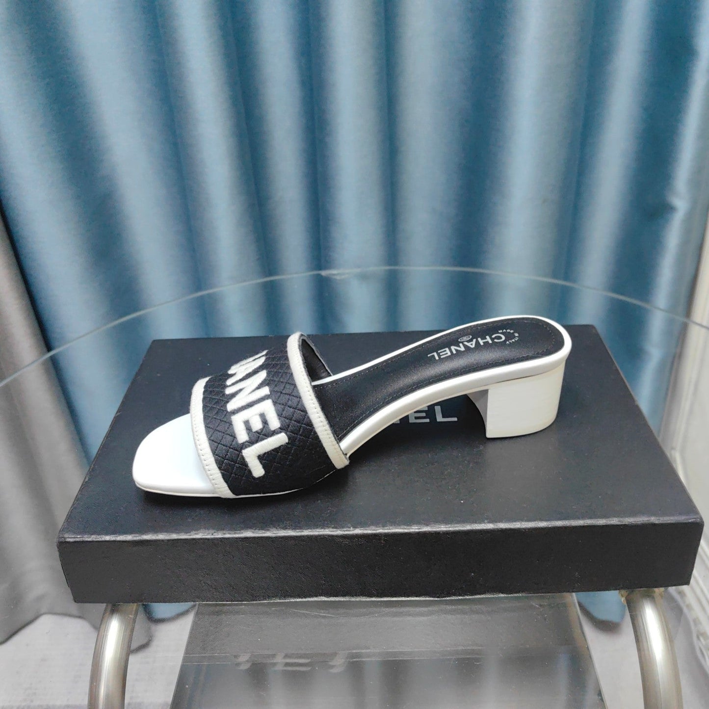 MULE SANDAL 45 WHITE BLACK FABRIC EMBROIDERY - 35