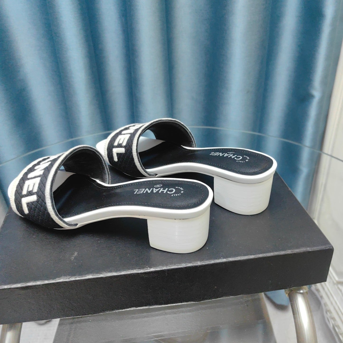 MULE SANDAL 45 WHITE BLACK FABRIC EMBROIDERY - 35