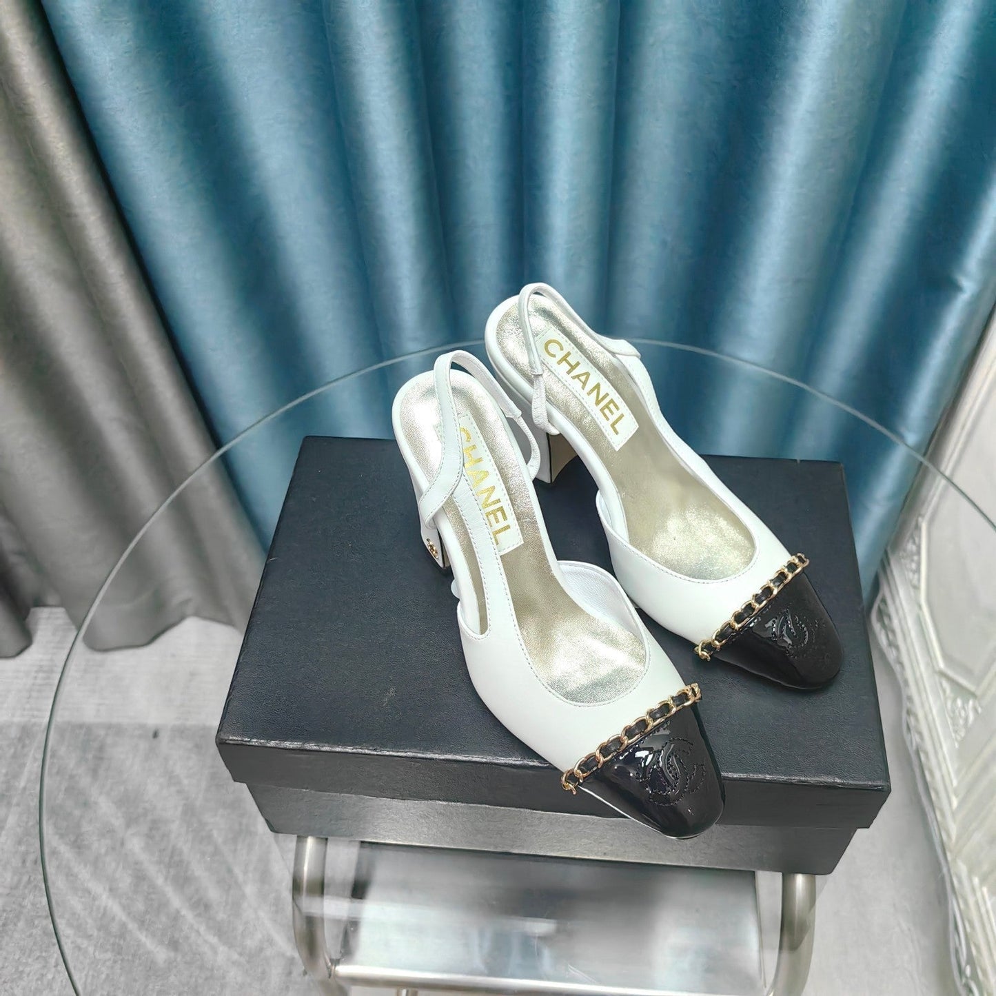 HIGH SLINGBACKS IN WHITE MIX BLACK LAMBSKIN - 34