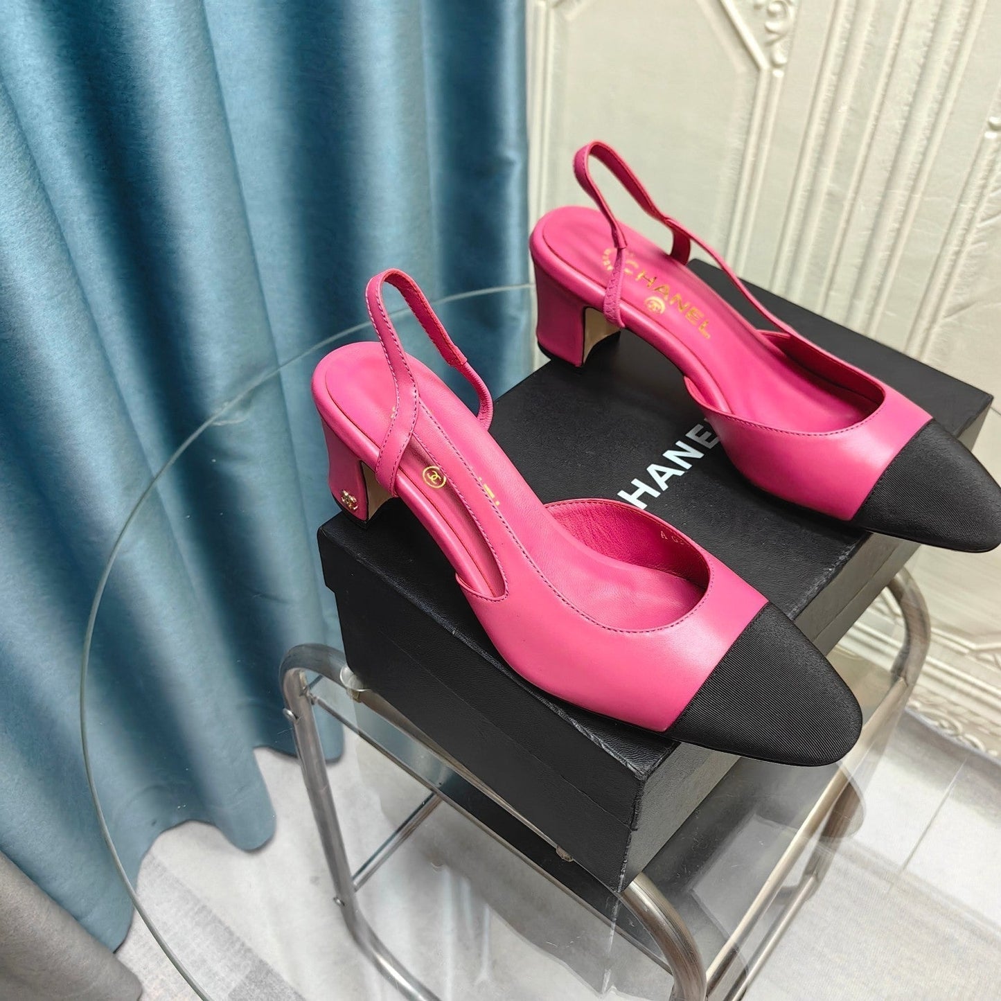 HIGH SLINGBACKS IN BARBIE PINK MIX BLACK LAMBSKIN - 34