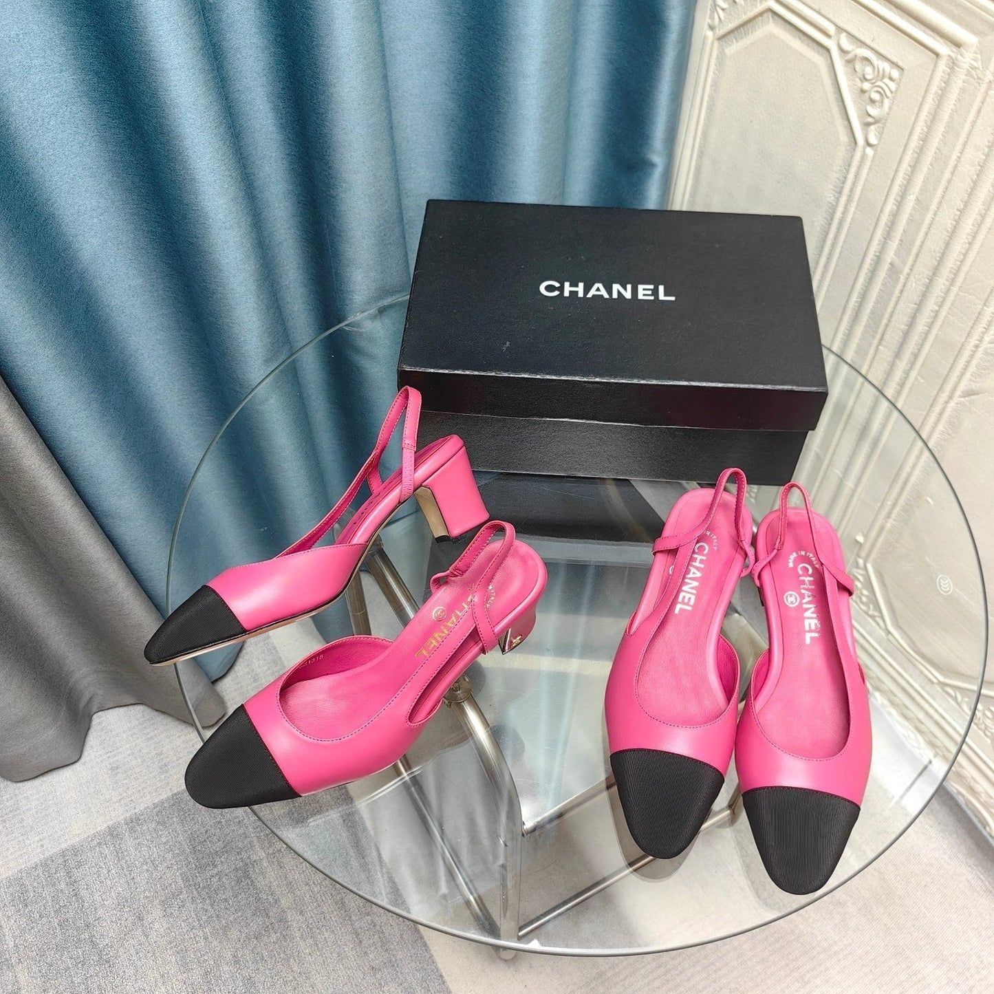 HIGH SLINGBACKS IN BARBIE PINK MIX BLACK LAMBSKIN - 34