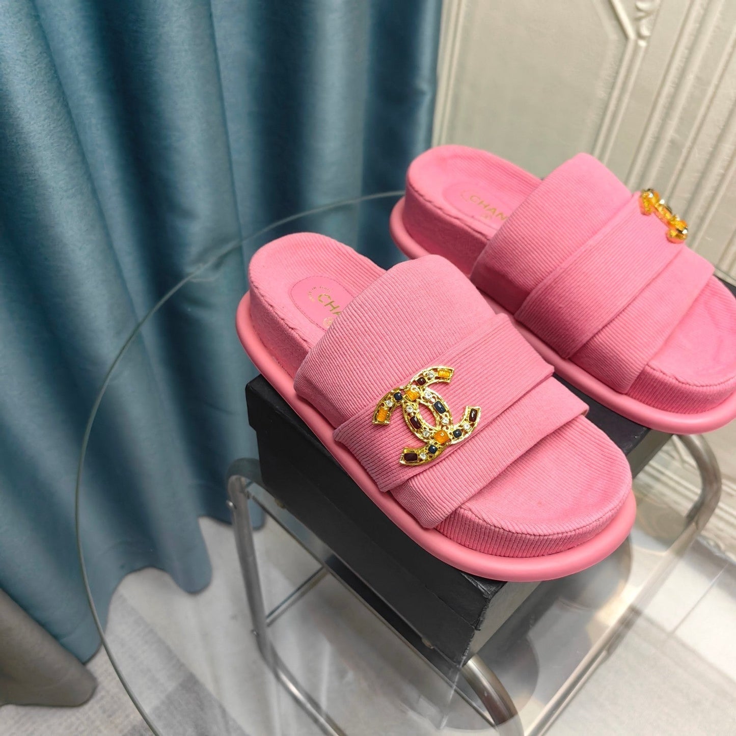 PLATFORM HEELS SANDALS IN LIGHT PINK WOOLEN FABRIC - 35