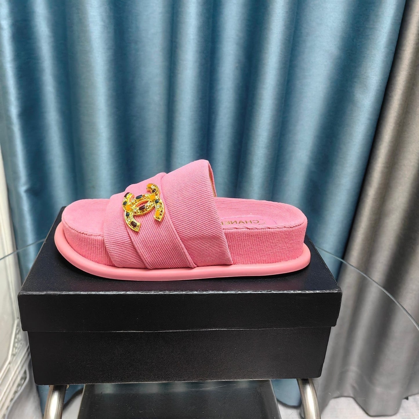 PLATFORM HEELS SANDALS IN LIGHT PINK WOOLEN FABRIC - 35