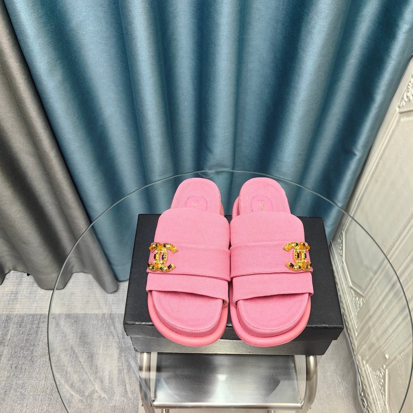 PLATFORM HEELS SANDALS IN LIGHT PINK WOOLEN FABRIC - 35