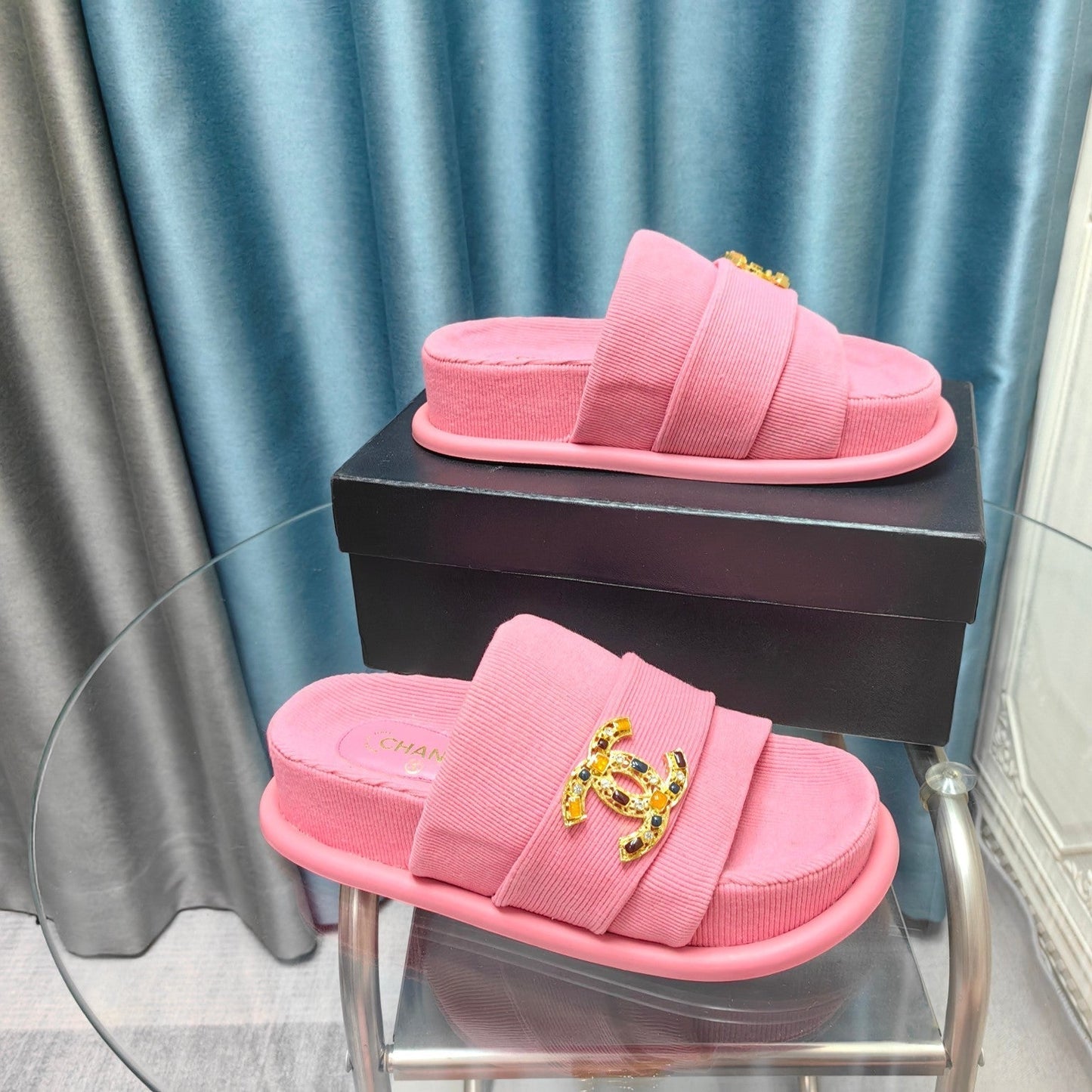 PLATFORM HEELS SANDALS IN LIGHT PINK WOOLEN FABRIC - 35