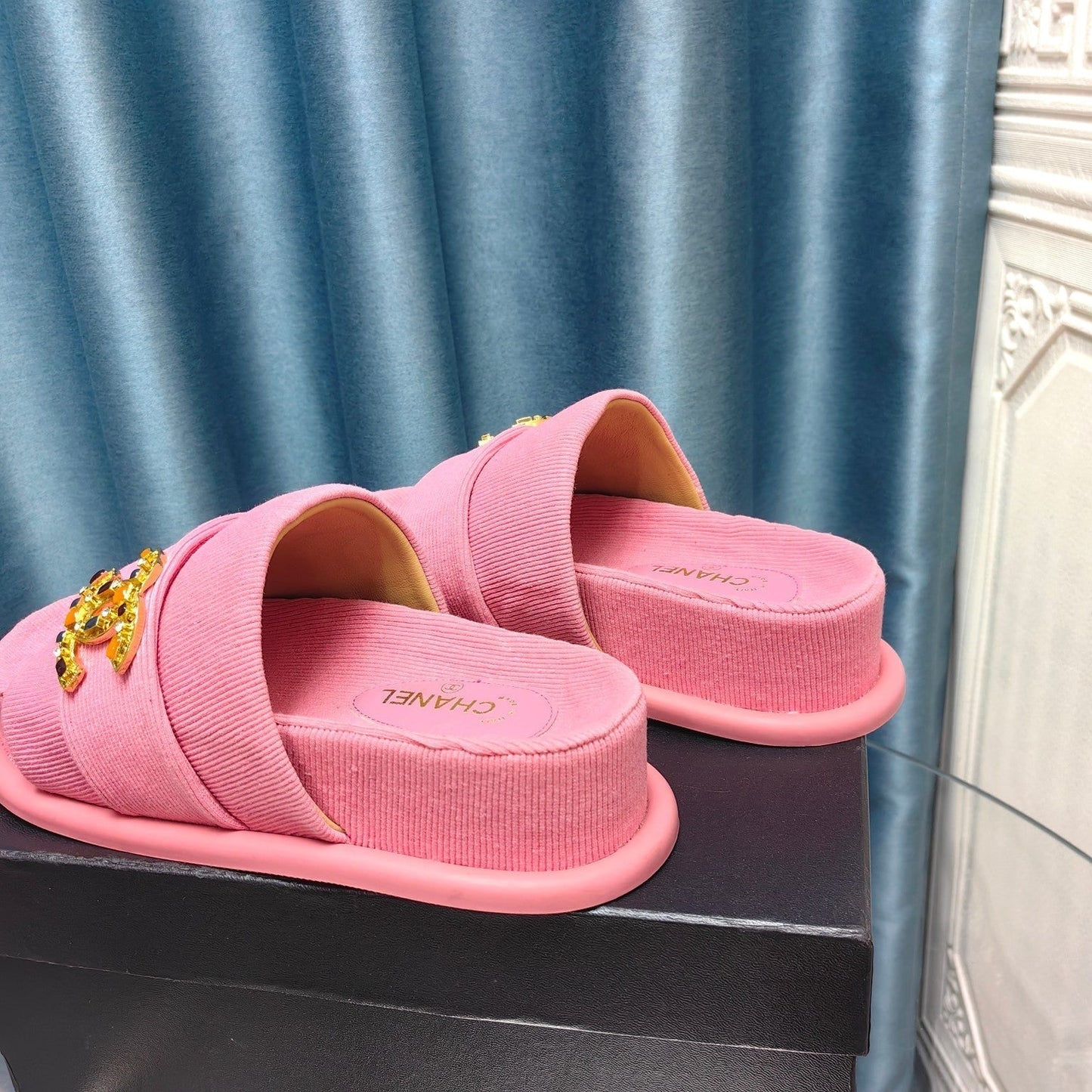 PLATFORM HEELS SANDALS IN LIGHT PINK WOOLEN FABRIC - 35