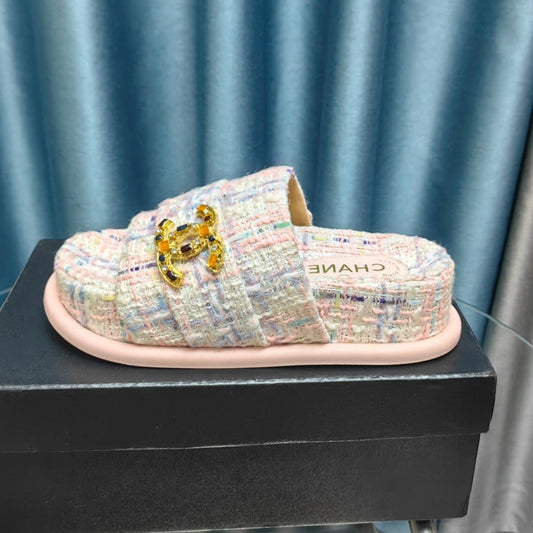 PLATFORM HEELS SANDALS IN LIGHT PINK TWEED - 35