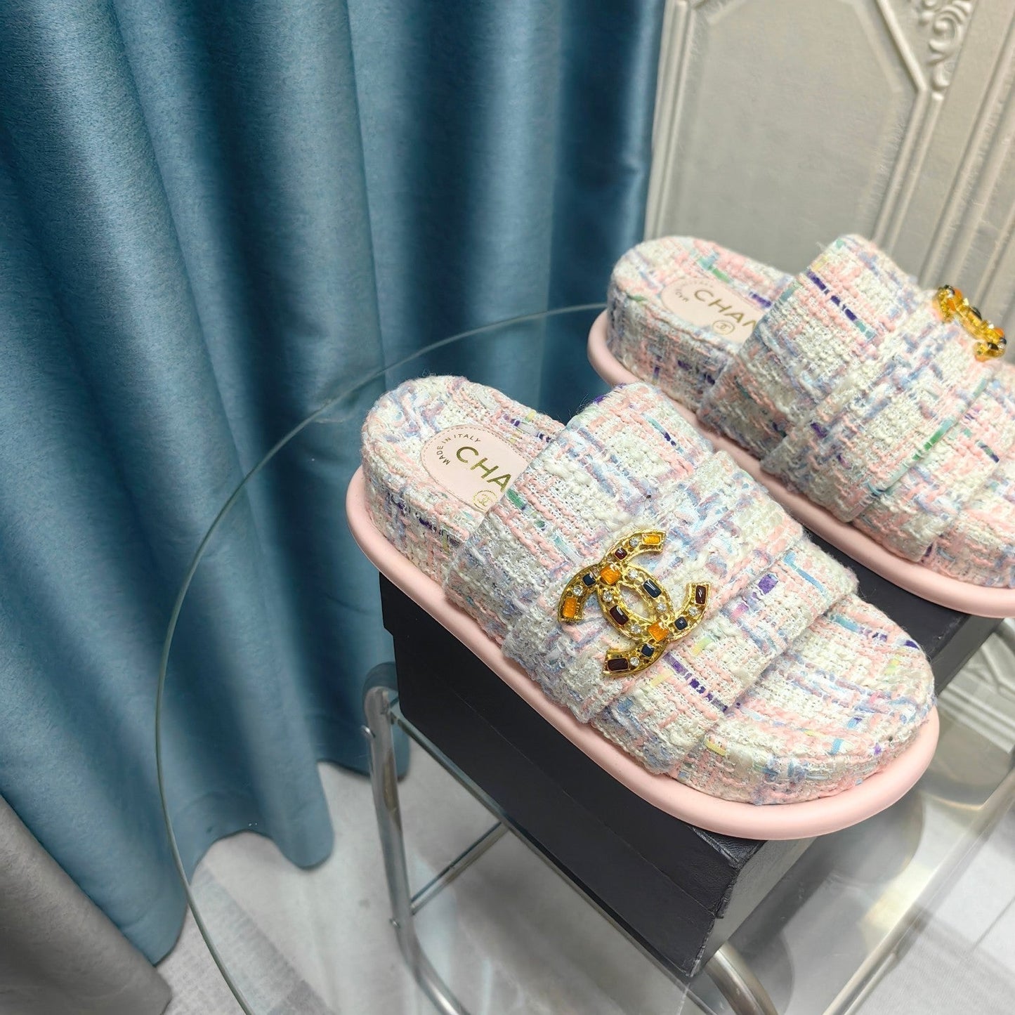 PLATFORM HEELS SANDALS IN LIGHT PINK TWEED - 35