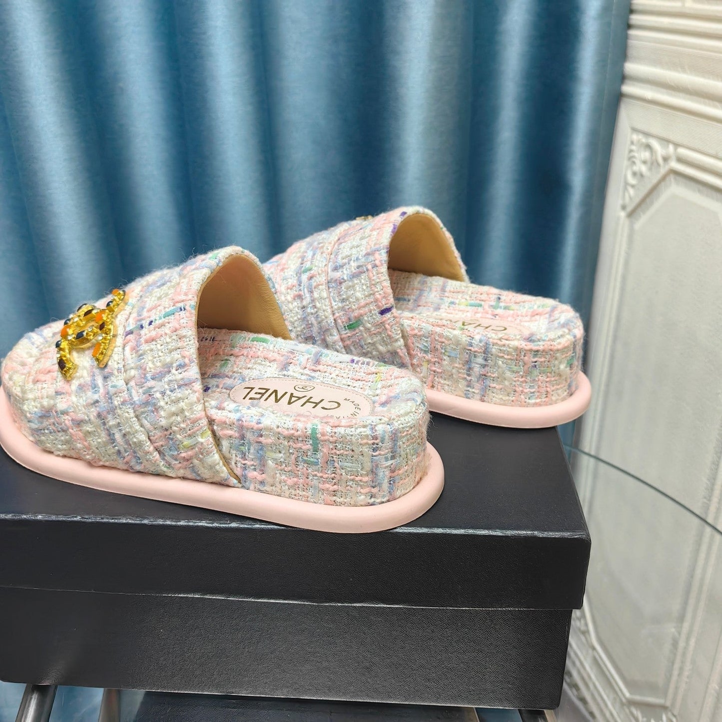PLATFORM HEELS SANDALS IN LIGHT PINK TWEED - 35