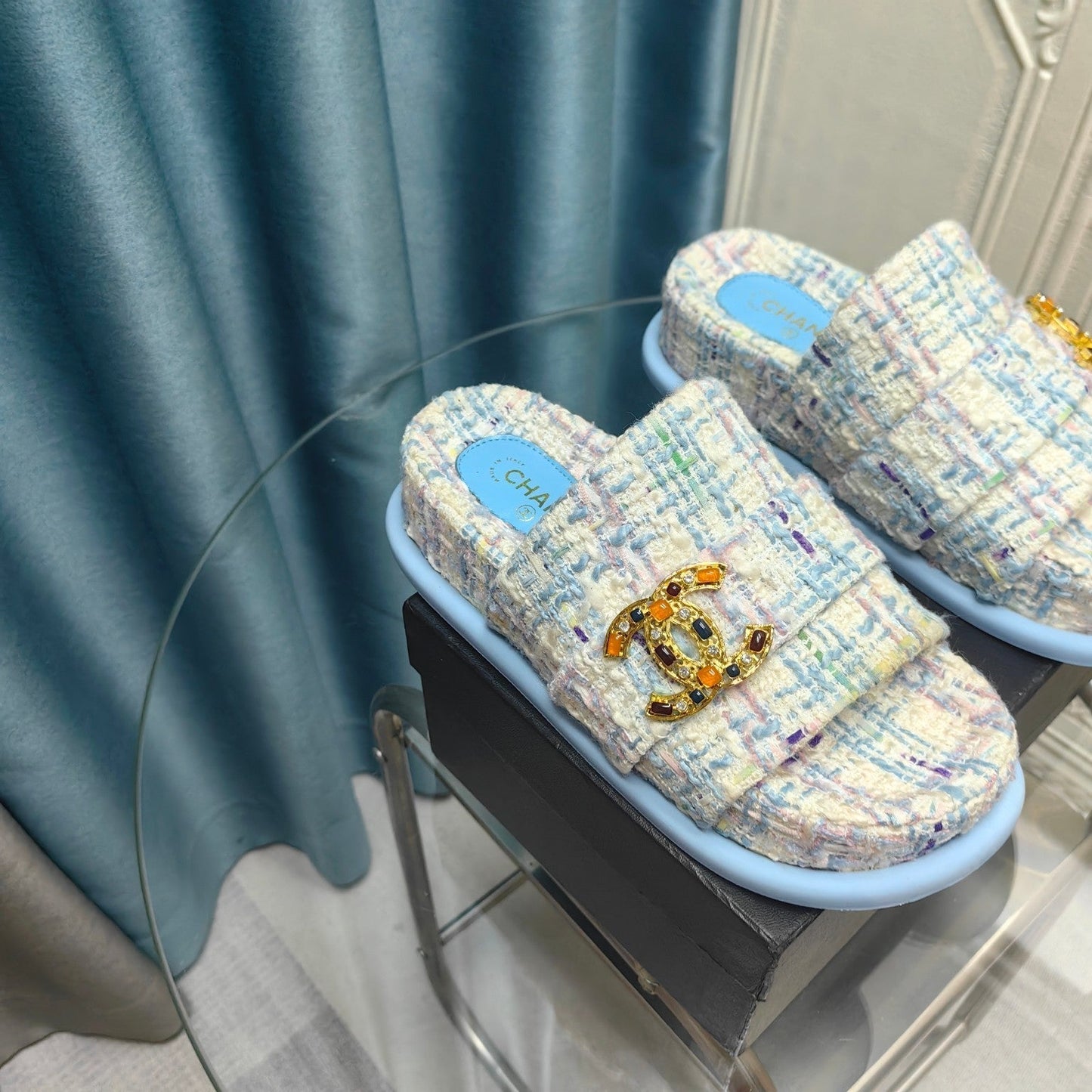 PLATFORM HEELS SANDALS IN LIGHT BLUE TWEED - 35