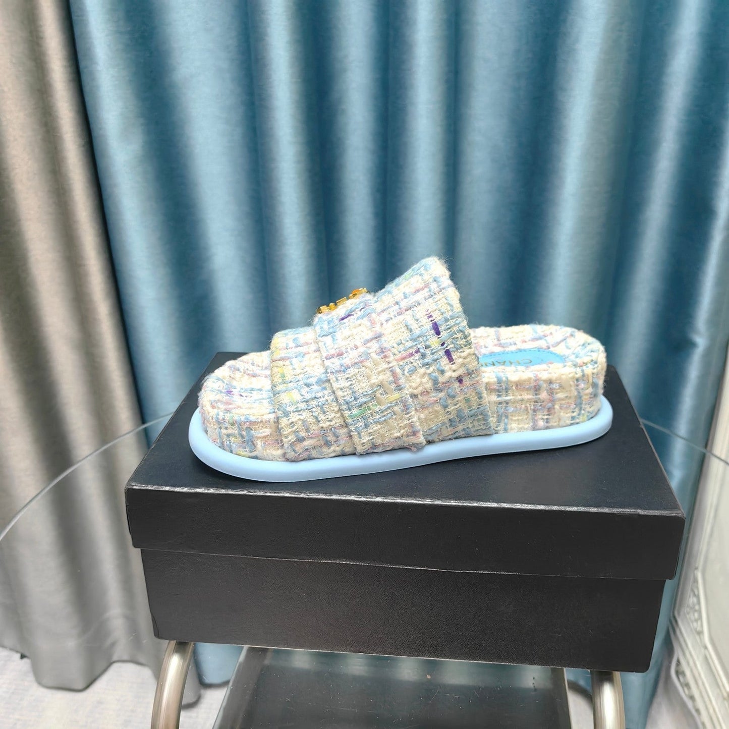 PLATFORM HEELS SANDALS IN LIGHT BLUE TWEED - 35