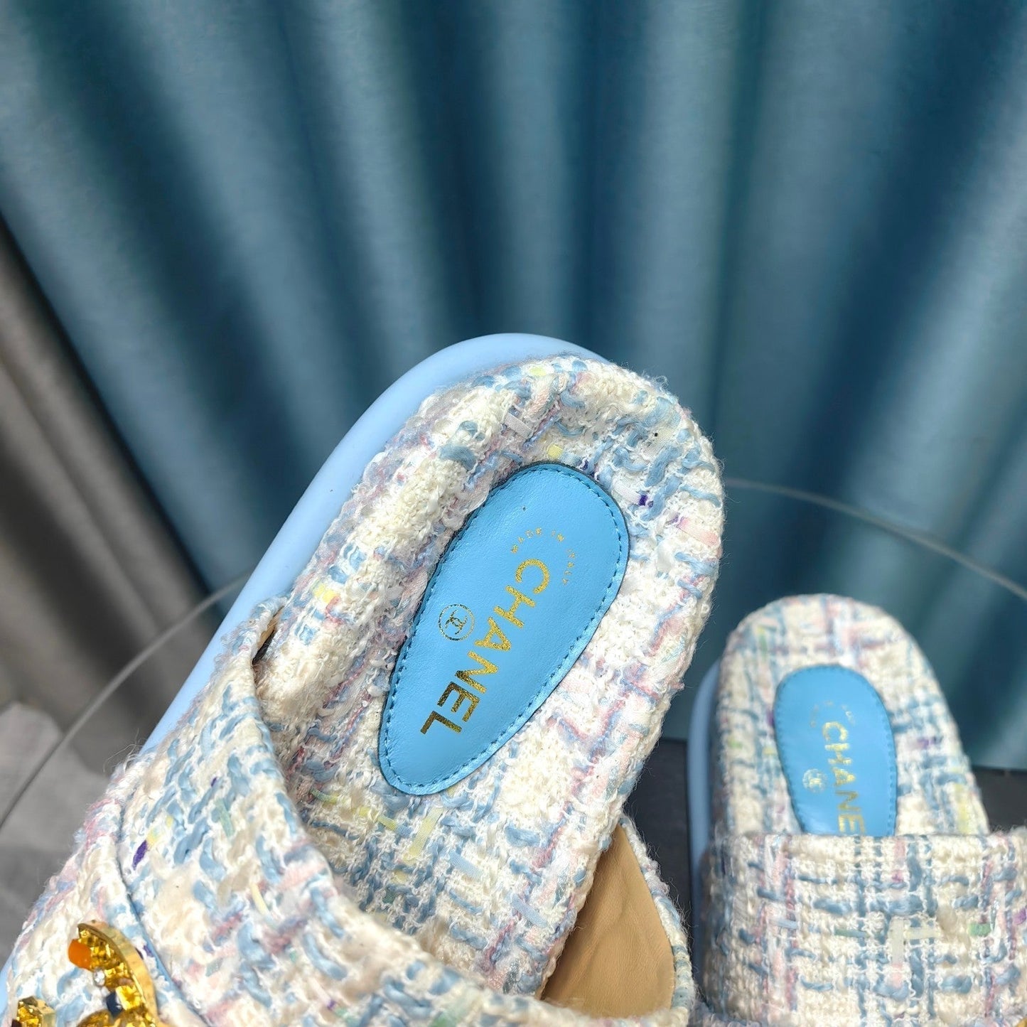 PLATFORM HEELS SANDALS IN LIGHT BLUE TWEED - 35