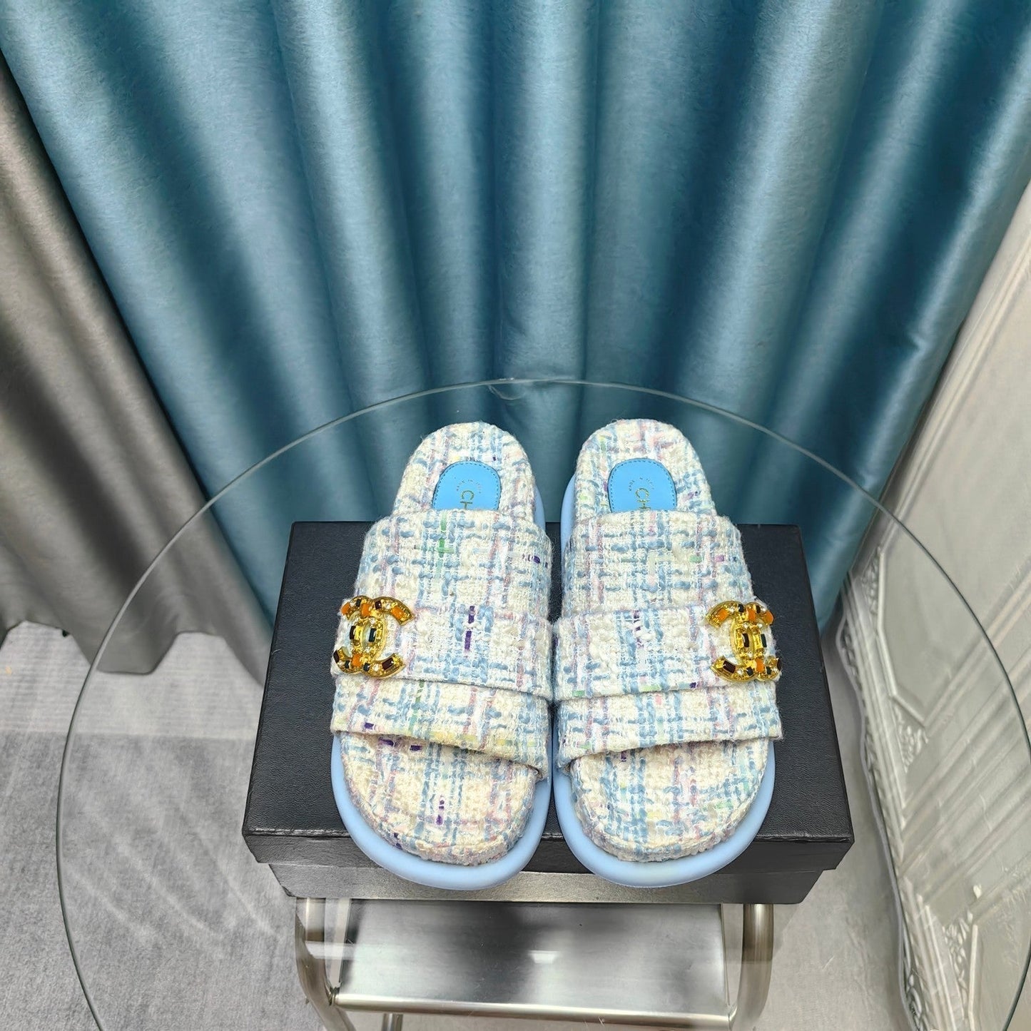 PLATFORM HEELS SANDALS IN LIGHT BLUE TWEED - 35