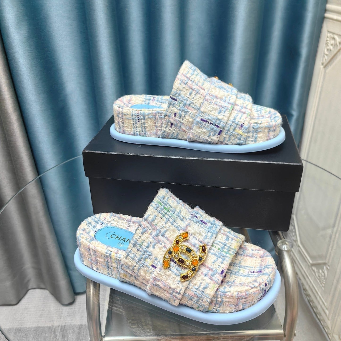 PLATFORM HEELS SANDALS IN LIGHT BLUE TWEED - 35