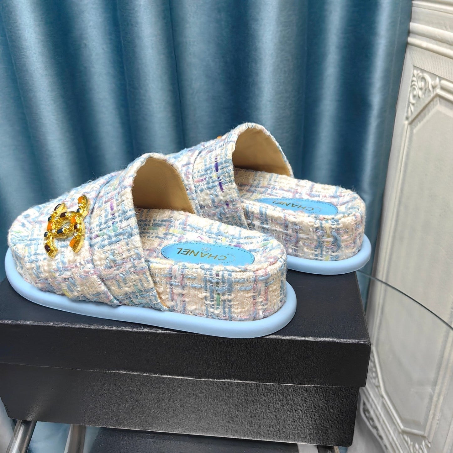 PLATFORM HEELS SANDALS IN LIGHT BLUE TWEED - 35