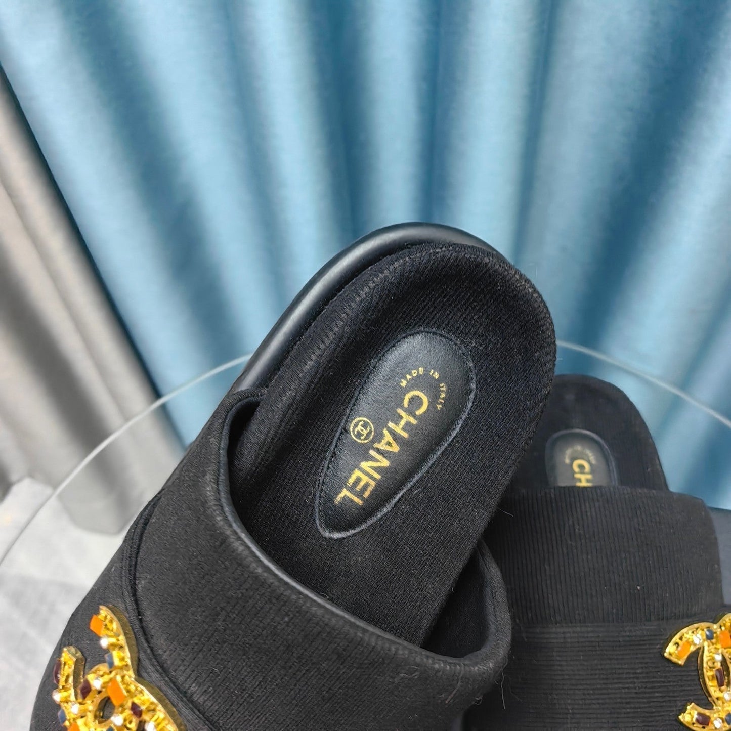 PLATFORM HEELS SANDALS IN BLACK WOOLEN FABRIC - 35