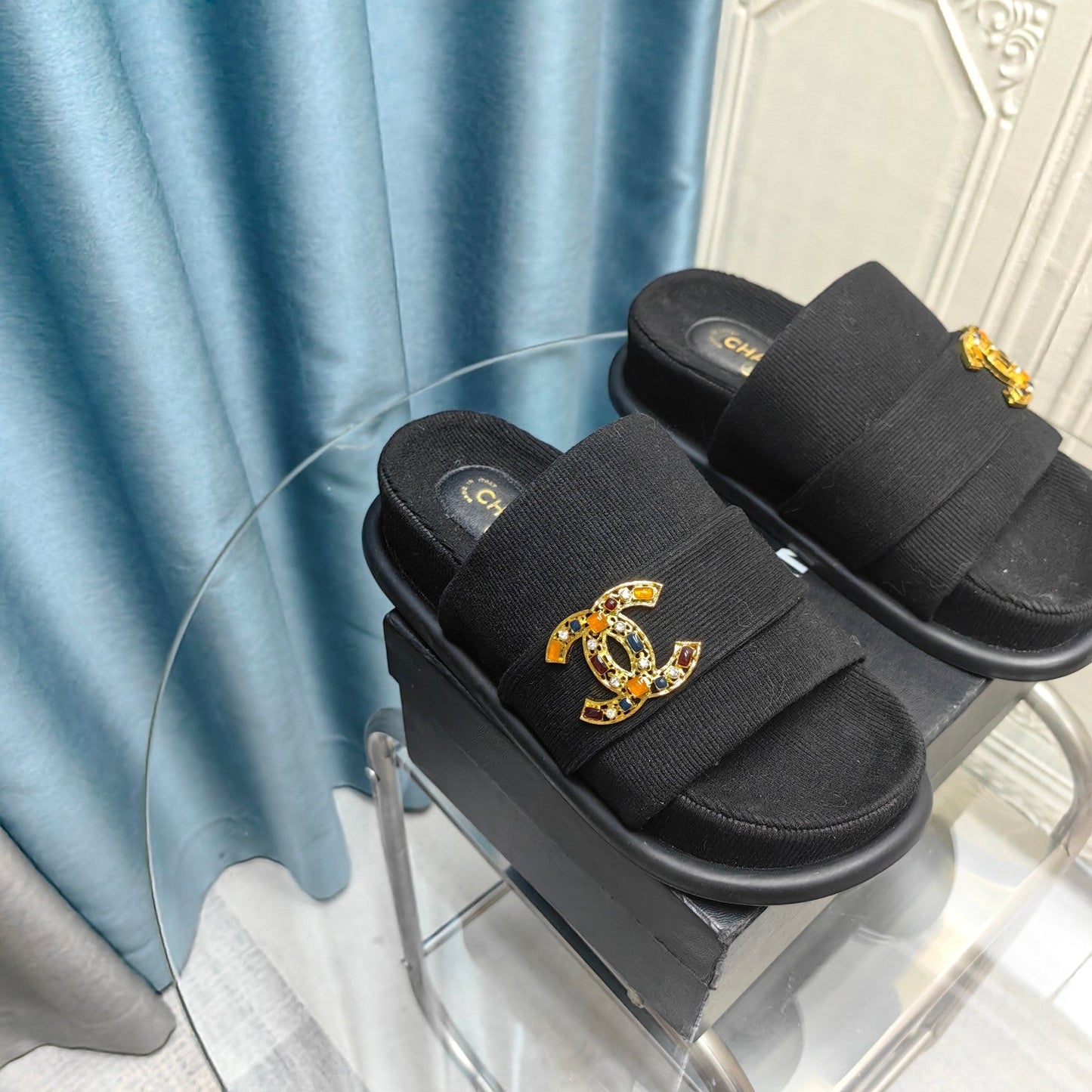 PLATFORM HEELS SANDALS IN BLACK WOOLEN FABRIC - 35