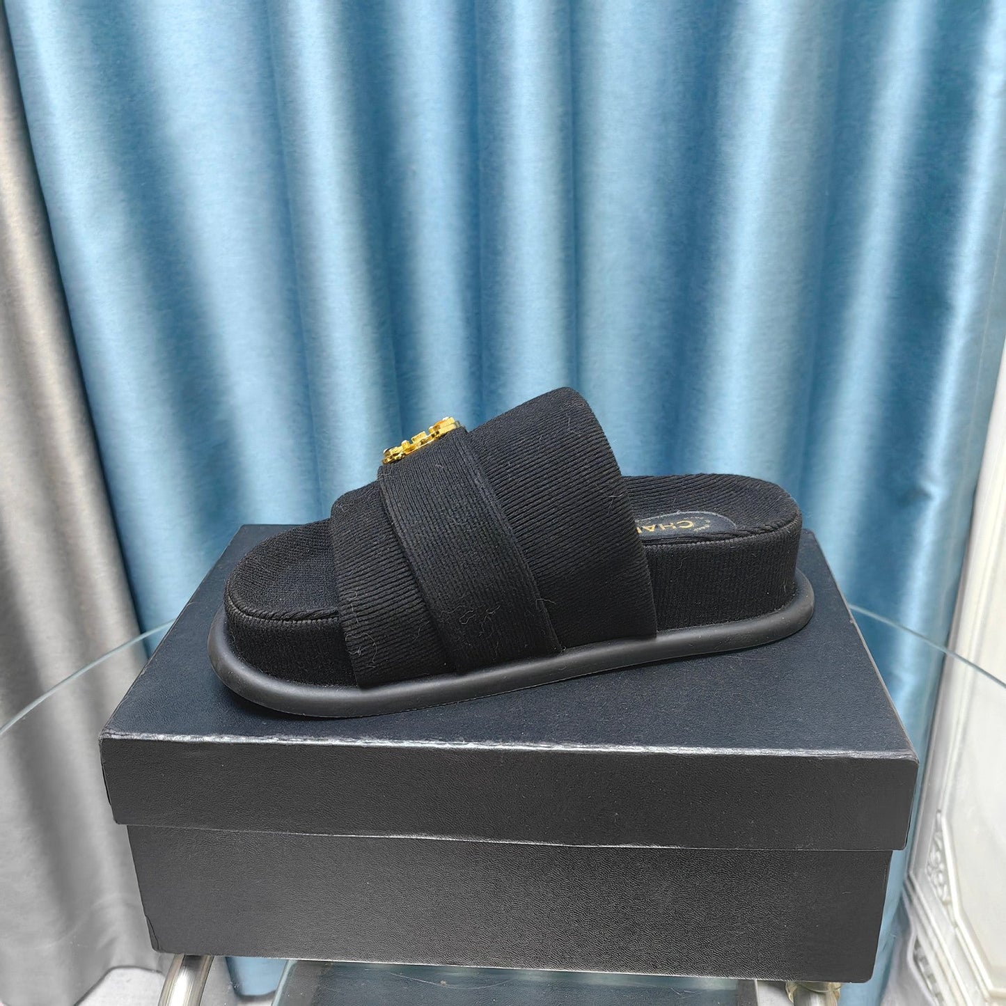 PLATFORM HEELS SANDALS IN BLACK WOOLEN FABRIC - 35