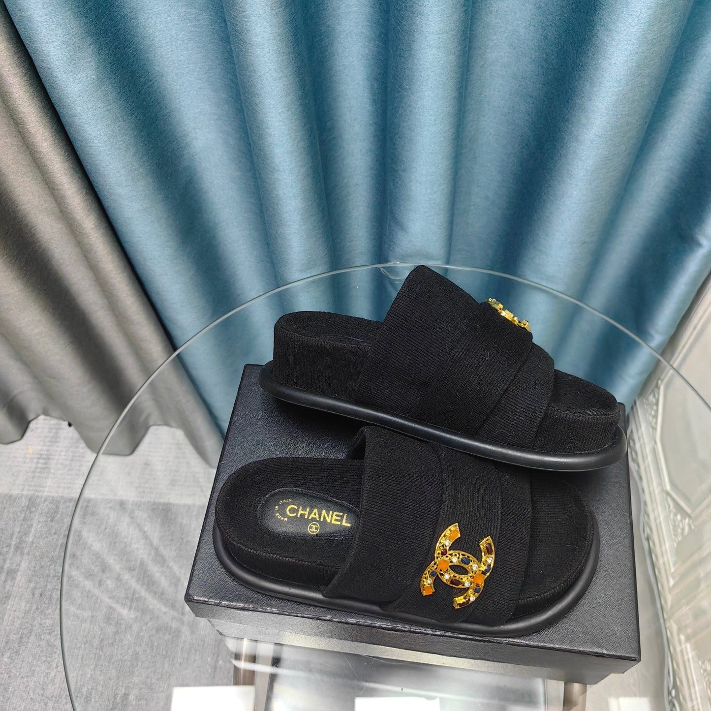 PLATFORM HEELS SANDALS IN BLACK WOOLEN FABRIC - 35