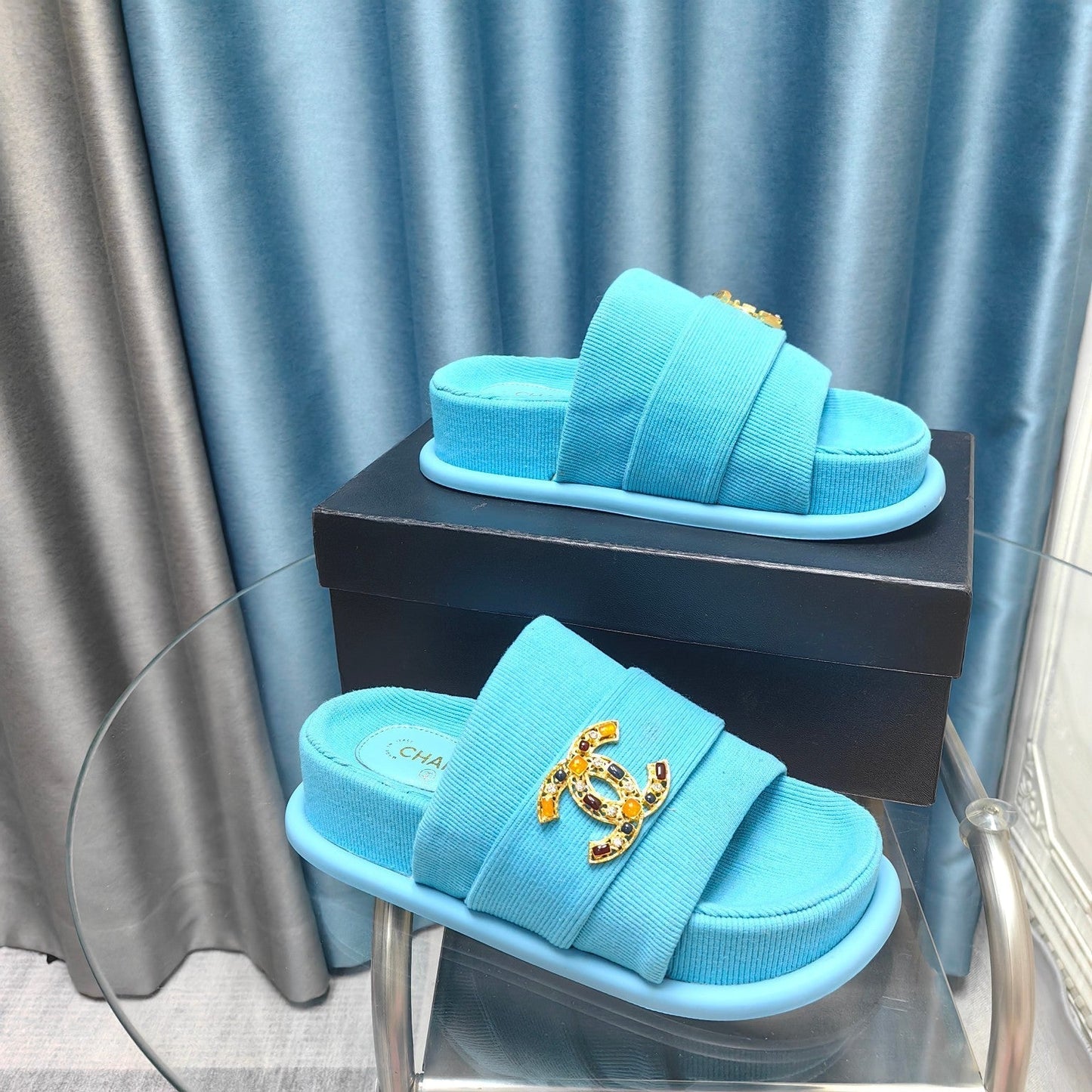 PLATFORM HEELS SANDALS IN SAPPHIRE BLUE WOOLEN FABRIC - 35