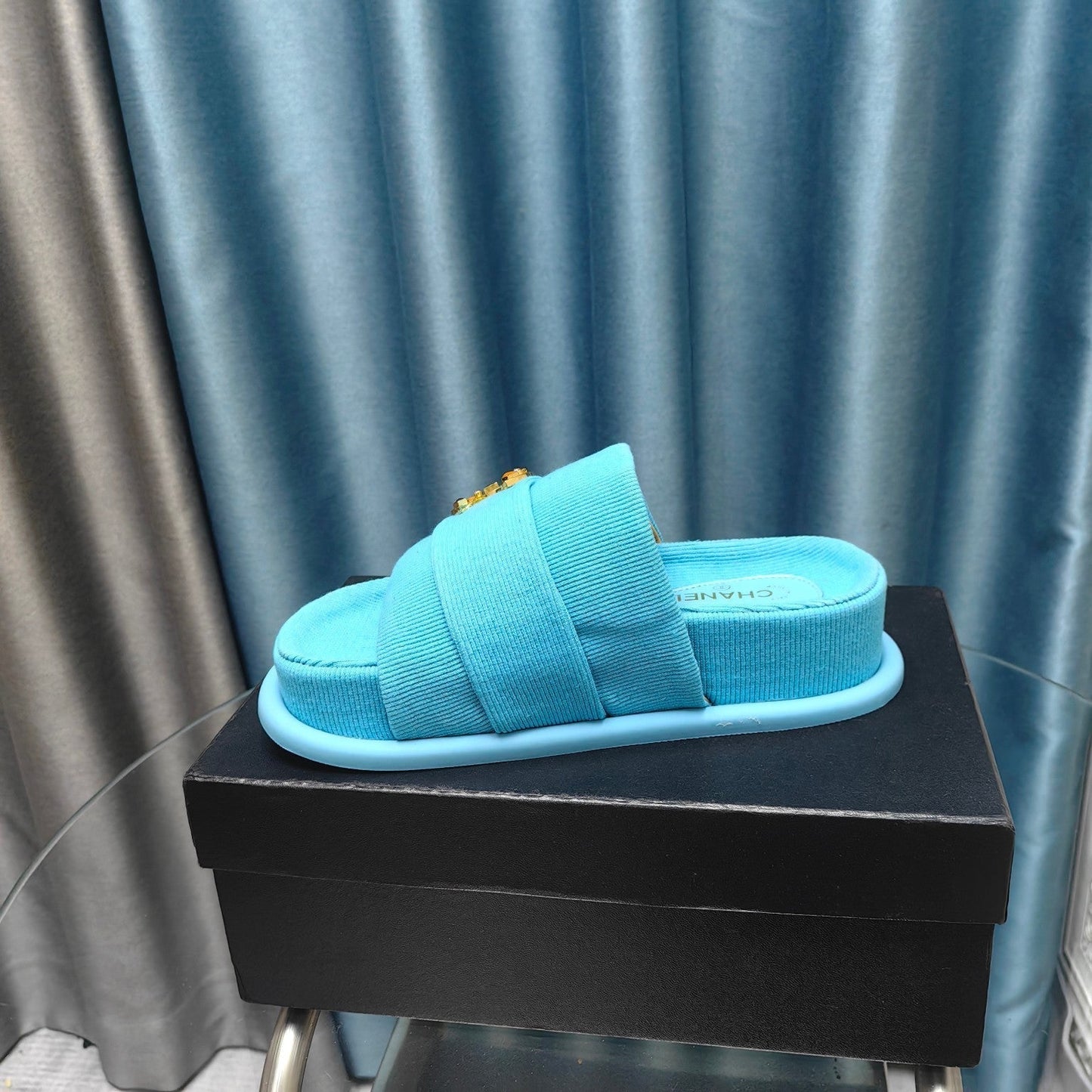 PLATFORM HEELS SANDALS IN SAPPHIRE BLUE WOOLEN FABRIC - 35