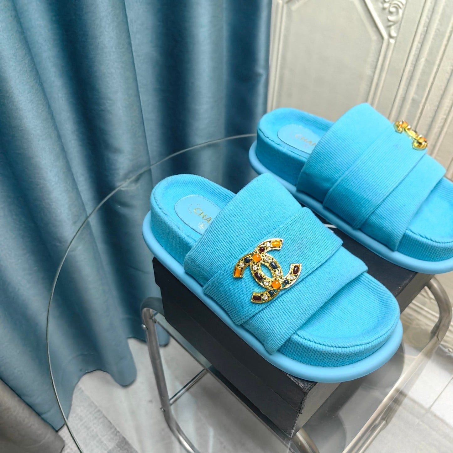 PLATFORM HEELS SANDALS IN SAPPHIRE BLUE WOOLEN FABRIC - 35