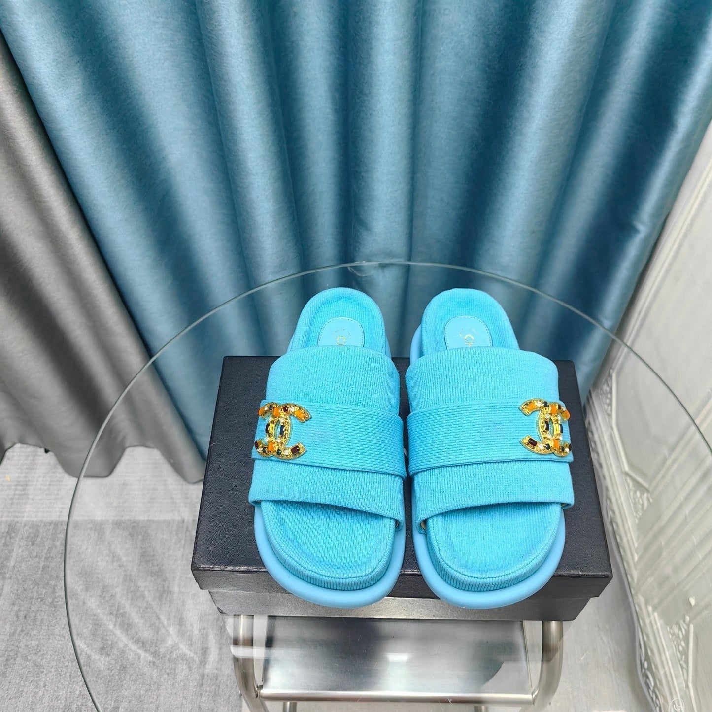 PLATFORM HEELS SANDALS IN SAPPHIRE BLUE WOOLEN FABRIC - 35