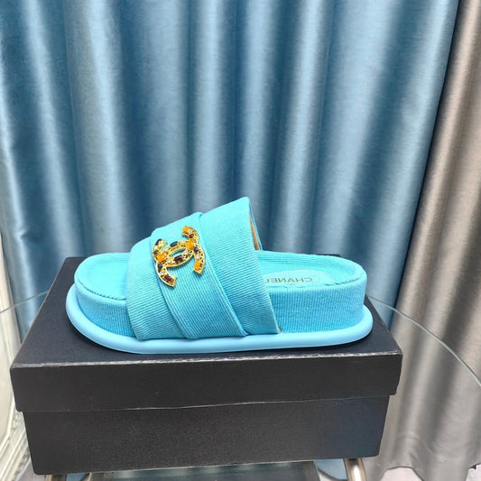 PLATFORM HEELS SANDALS IN SAPPHIRE BLUE WOOLEN FABRIC - 35