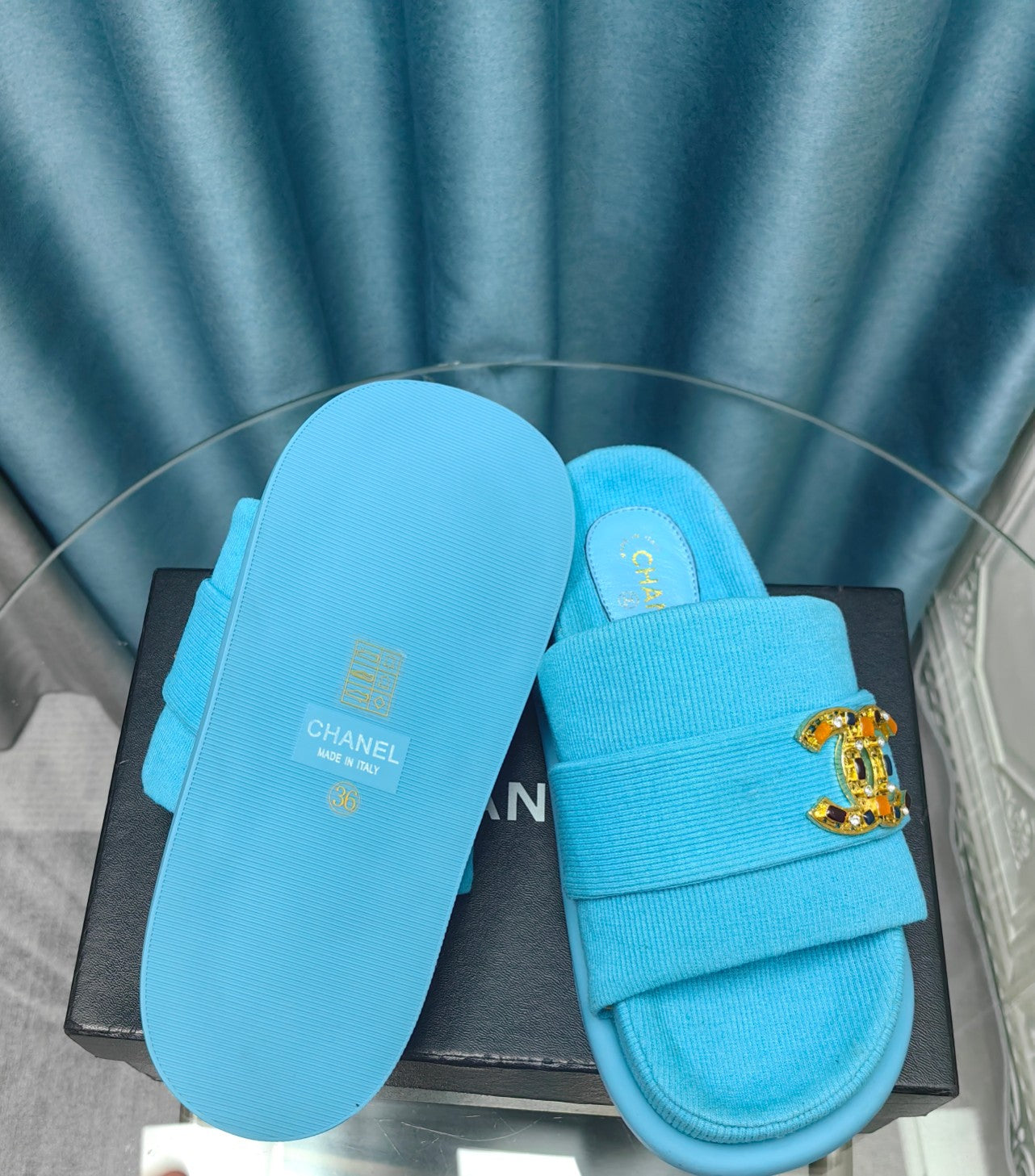 PLATFORM HEELS SANDALS IN SAPPHIRE BLUE WOOLEN FABRIC - 35