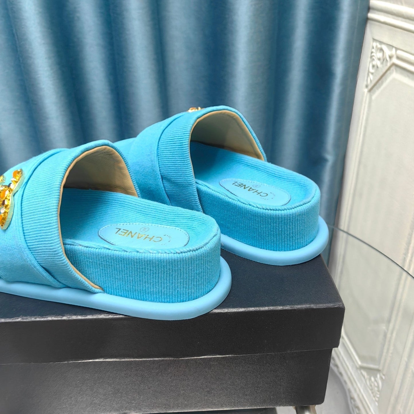 PLATFORM HEELS SANDALS IN SAPPHIRE BLUE WOOLEN FABRIC - 35