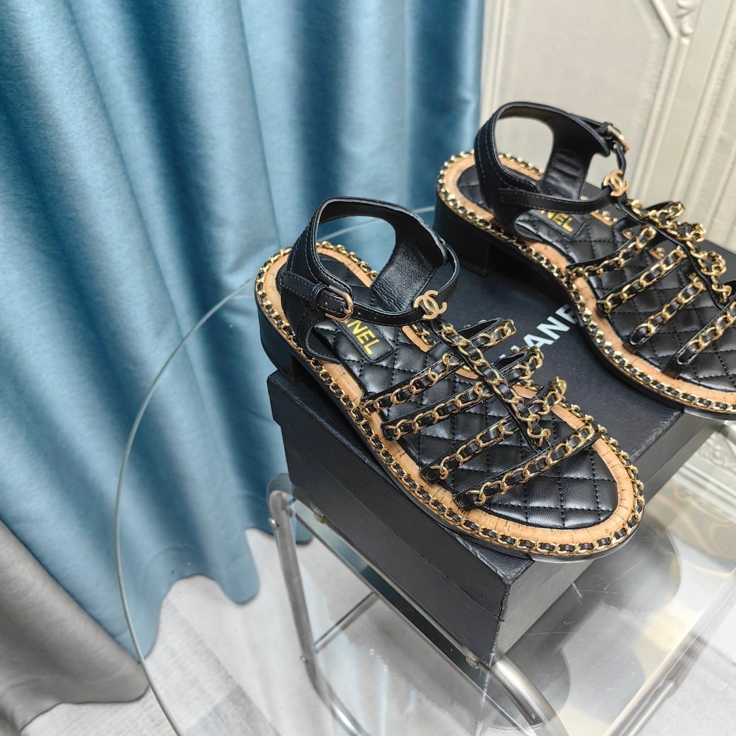 HIGH SANDALS WITH THREE STRAPS IN BLACK CALFSKIN - 35