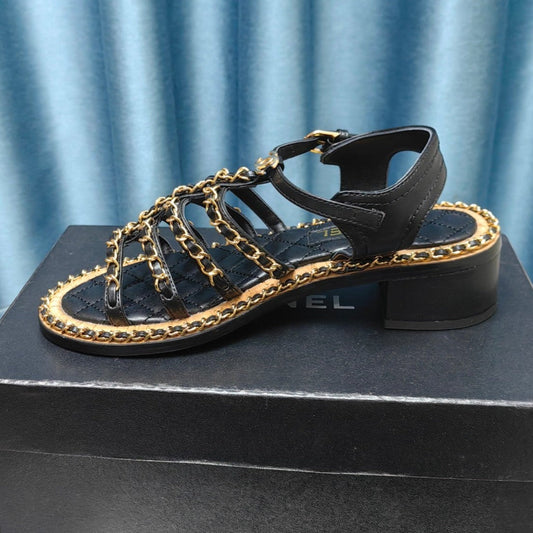 HIGH SANDALS WITH THREE STRAPS IN BLACK CALFSKIN - 35