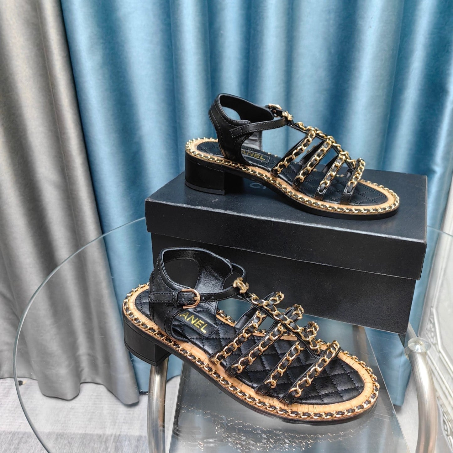HIGH SANDALS WITH THREE STRAPS IN BLACK CALFSKIN - 35
