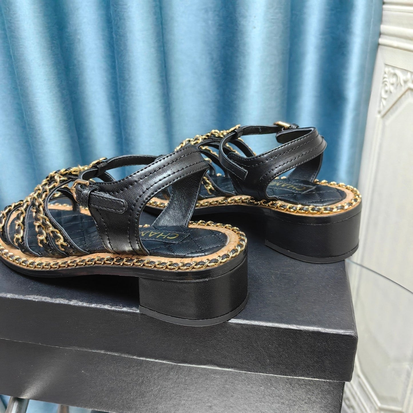 HIGH SANDALS WITH THREE STRAPS IN BLACK CALFSKIN - 35