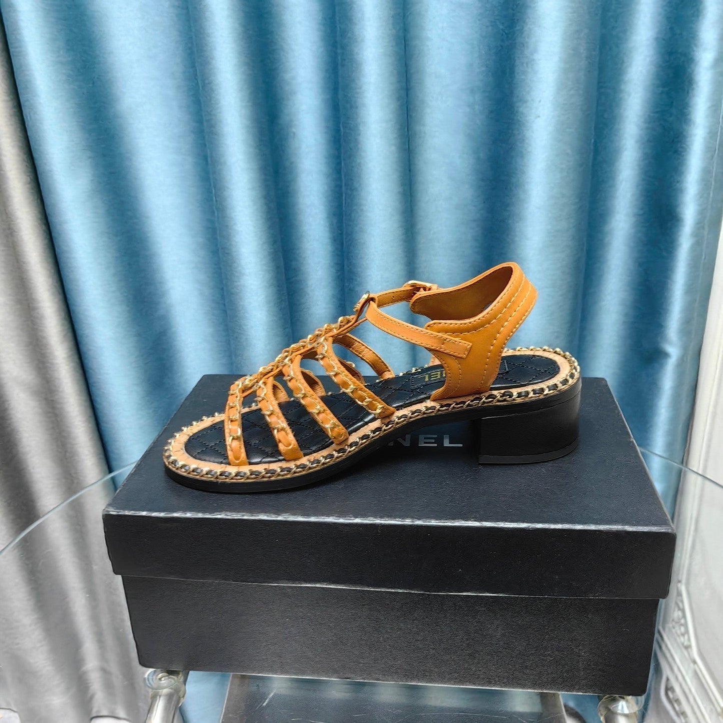 HIGH SANDALS WITH THREE STRAPS IN OCHRE YELLOW CALFSKIN - 35