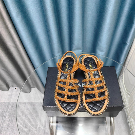 HIGH SANDALS WITH THREE STRAPS IN OCHRE YELLOW CALFSKIN - 35